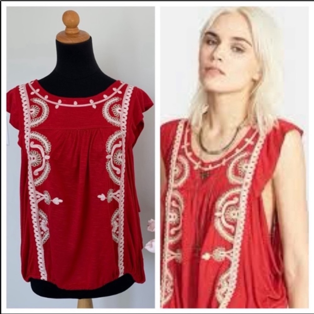 Free People Red Embroidered Top